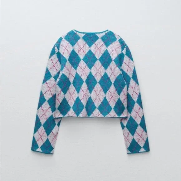 Zara Argyle Knit Jacquard Cardigan M - Picture 5 of 6